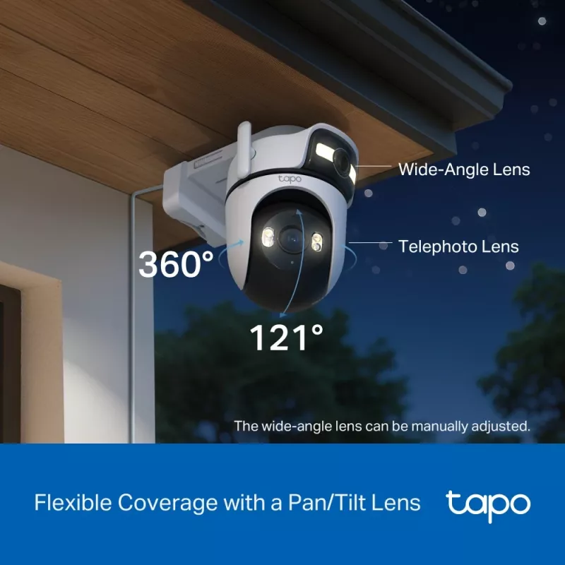 Câmara de vigilância TP-Link Tapo Outdoor Dual Lens Pan/Tilt, Câmara de vigilância IP, Exterior, Com fios e sem fios, Montagem em teto/parede/mastro, Branco, Esférica