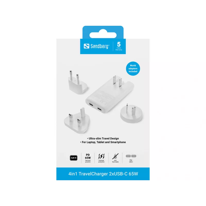 Sandberg 4in1 TravelCharger 65W branco, interior, AC, 20 V, branco