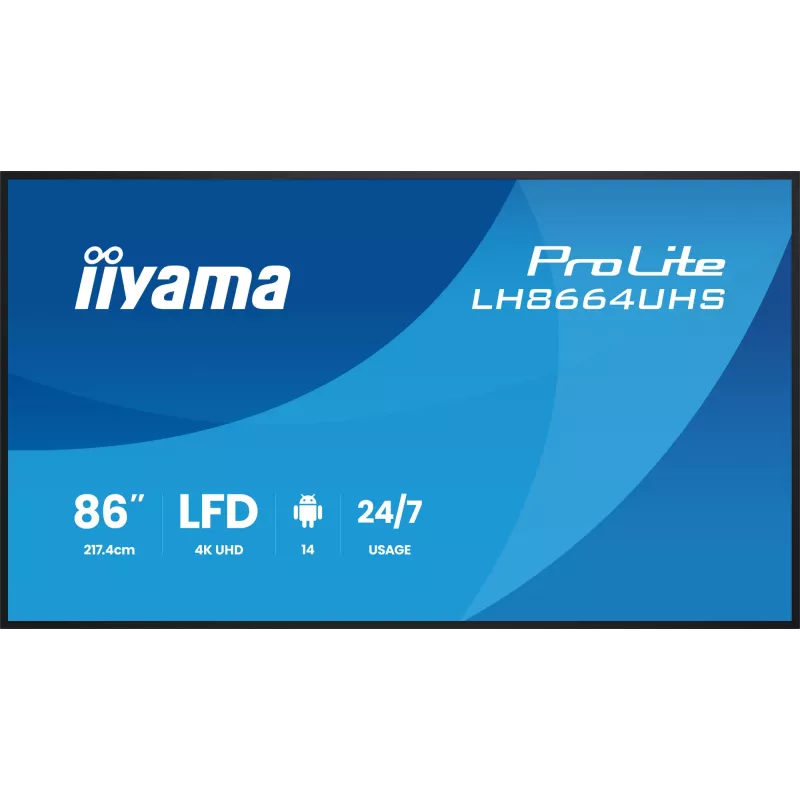 Ecrã plano de sinalização digital IIYAMA LH8664UHS-B3AG — 85,6 polegadas (2,17 m) 3840x2160 4K IPS, 450 cd/m², Wi‑Fi, Android, 24/7, preto