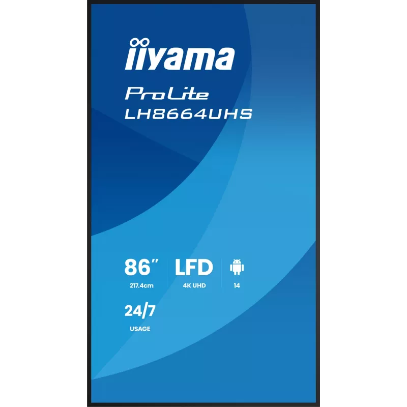 Ecrã plano de sinalização digital IIYAMA LH8664UHS-B3AG — 85,6 polegadas (2,17 m) 3840x2160 4K IPS, 450 cd/m², Wi‑Fi, Android, 24/7, preto