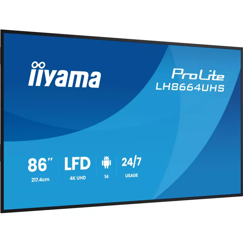 Ecrã plano de sinalização digital IIYAMA LH8664UHS-B3AG — 85,6 polegadas (2,17 m) 3840x2160 4K IPS, 450 cd/m², Wi‑Fi, Android, 24/7, preto