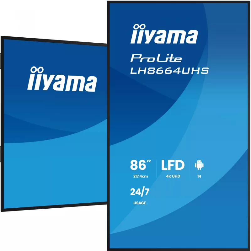 Ecrã plano de sinalização digital IIYAMA LH8664UHS-B3AG — 85,6 polegadas (2,17 m) 3840x2160 4K IPS, 450 cd/m², Wi‑Fi, Android, 24/7, preto