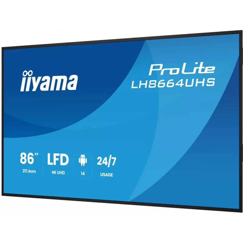 Ecrã plano de sinalização digital IIYAMA LH8664UHS-B3AG — 85,6 polegadas (2,17 m) 3840x2160 4K IPS, 450 cd/m², Wi‑Fi, Android, 24/7, preto