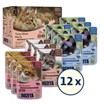 Comida húmida para gatos BOZITA 9116321 12×85 g — saquetas sem cereais para gatos adultos com vaca, veado, fígado de frango (húmida, 82 % humidade)