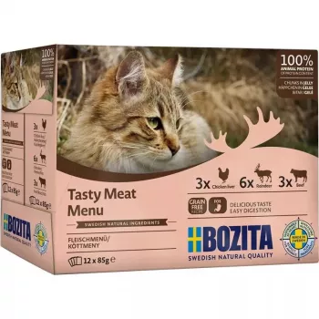Comida húmida para gatos BOZITA 9116321 12×85 g — saquetas sem cereais para gatos adultos com vaca, veado, fígado de frango (húmida, 82 % humidade)
