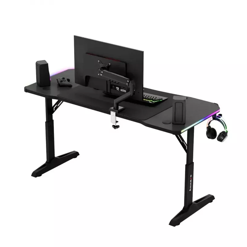 Secretária gaming de altura ajustável huzaro Hero 3.6 RGB preto — 1400×600 mm, altura 560–790 mm, iluminação RGB, pernas em H