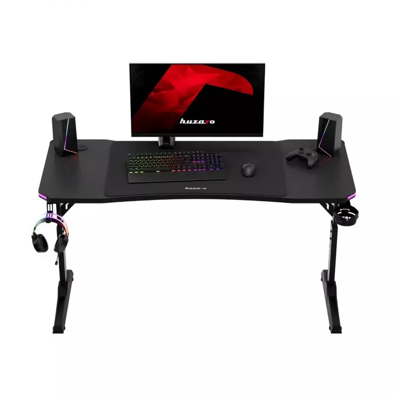 Secretária gaming de altura ajustável huzaro Hero 3.6 RGB preto — 1400×600 mm, altura 560–790 mm, iluminação RGB, pernas em H
