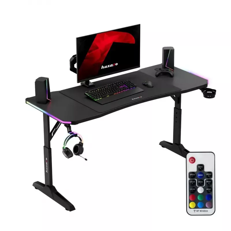 Secretária gaming de altura ajustável huzaro Hero 3.6 RGB preto — 1400×600 mm, altura 560–790 mm, iluminação RGB, pernas em H