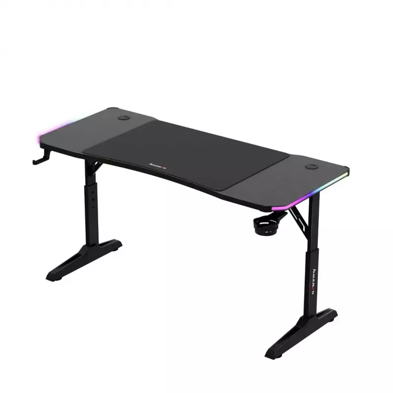 Secretária gaming de altura ajustável huzaro Hero 3.6 RGB preto — 1400×600 mm, altura 560–790 mm, iluminação RGB, pernas em H