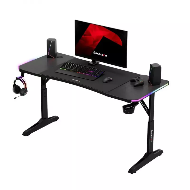 Secretária gaming de altura ajustável huzaro Hero 3.6 RGB preto — 1400×600 mm, altura 560–790 mm, iluminação RGB, pernas em H