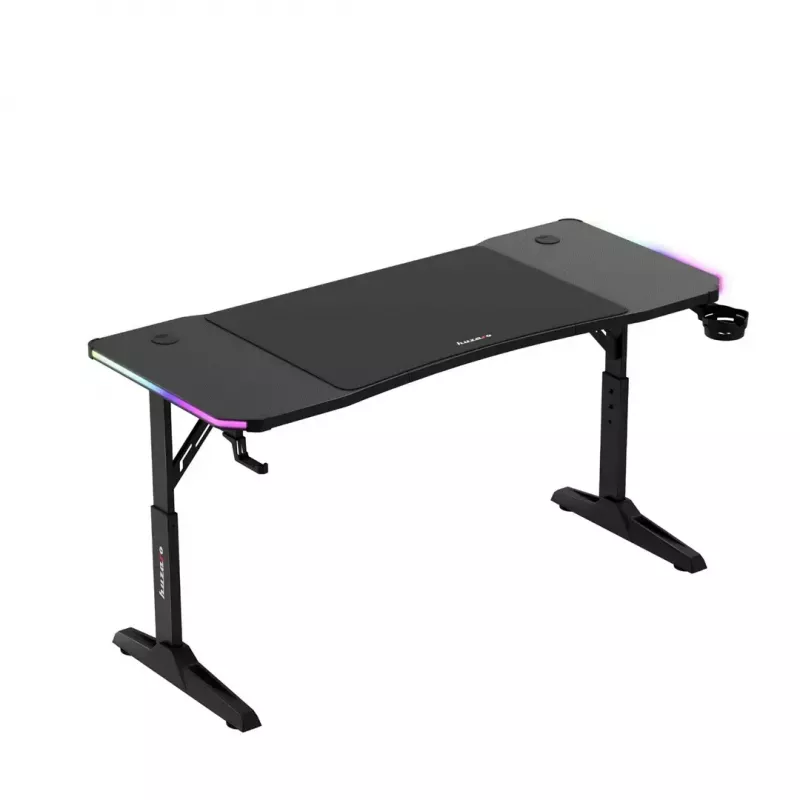 Secretária gaming de altura ajustável huzaro Hero 3.6 RGB preto — 1400×600 mm, altura 560–790 mm, iluminação RGB, pernas em H