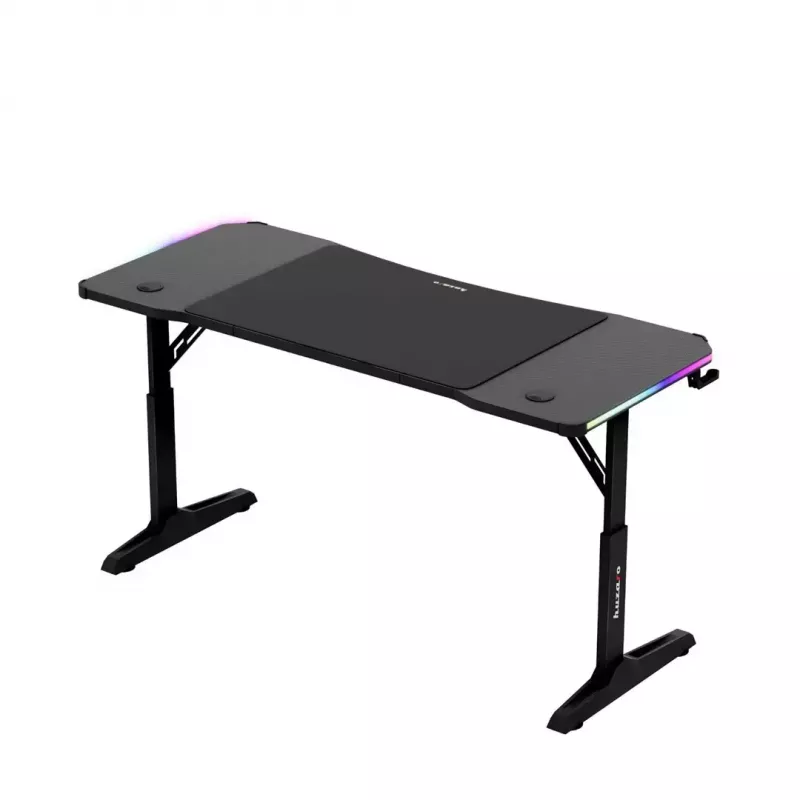 Secretária gaming de altura ajustável huzaro Hero 3.6 RGB preto — 1400×600 mm, altura 560–790 mm, iluminação RGB, pernas em H