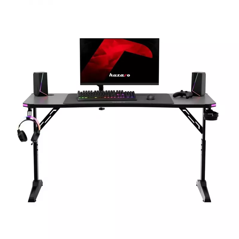 Secretária gaming de altura ajustável huzaro Hero 3.6 RGB preto — 1400×600 mm, altura 560–790 mm, iluminação RGB, pernas em H