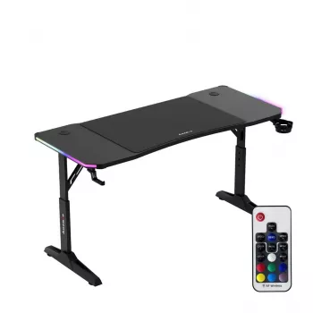 Secretária gaming de altura ajustável huzaro Hero 3.6 RGB preto — 1400×600 mm, altura 560–790 mm, iluminação RGB, pernas em H