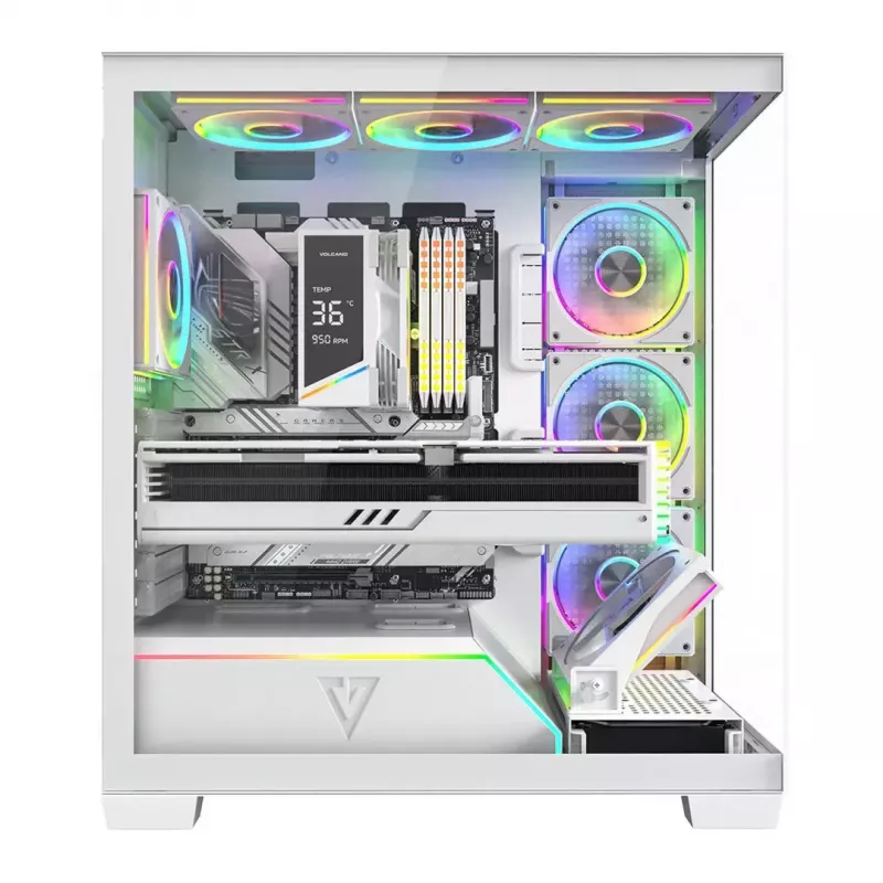 Caixa de PC MODECOM VOLCANO STELLAR PLUS ARGB MIDI 8F BRANCO — Mid-Tower, ATX, vidro temperado, iluminação ARGB, 8 ventoinhas, GPU até 42 cm