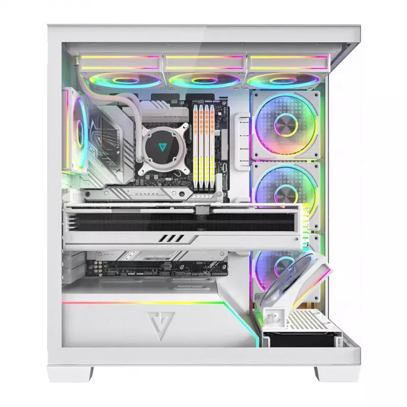 Caixa de PC MODECOM VOLCANO STELLAR PLUS ARGB MIDI 8F BRANCO — Mid-Tower, ATX, vidro temperado, iluminação ARGB, 8 ventoinhas, GPU até 42 cm