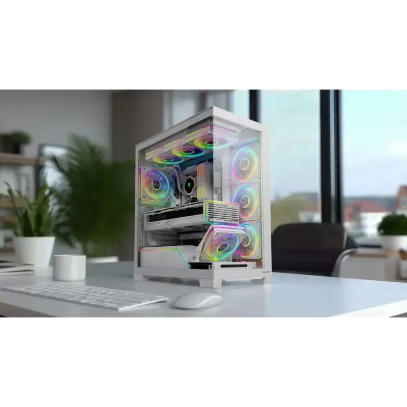 Caixa de PC MODECOM VOLCANO STELLAR PLUS ARGB MIDI 8F BRANCO — Mid-Tower, ATX, vidro temperado, iluminação ARGB, 8 ventoinhas, GPU até 42 cm