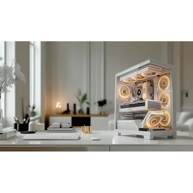Caixa de PC MODECOM VOLCANO STELLAR PLUS ARGB MIDI 8F BRANCO — Mid-Tower, ATX, vidro temperado, iluminação ARGB, 8 ventoinhas, GPU até 42 cm