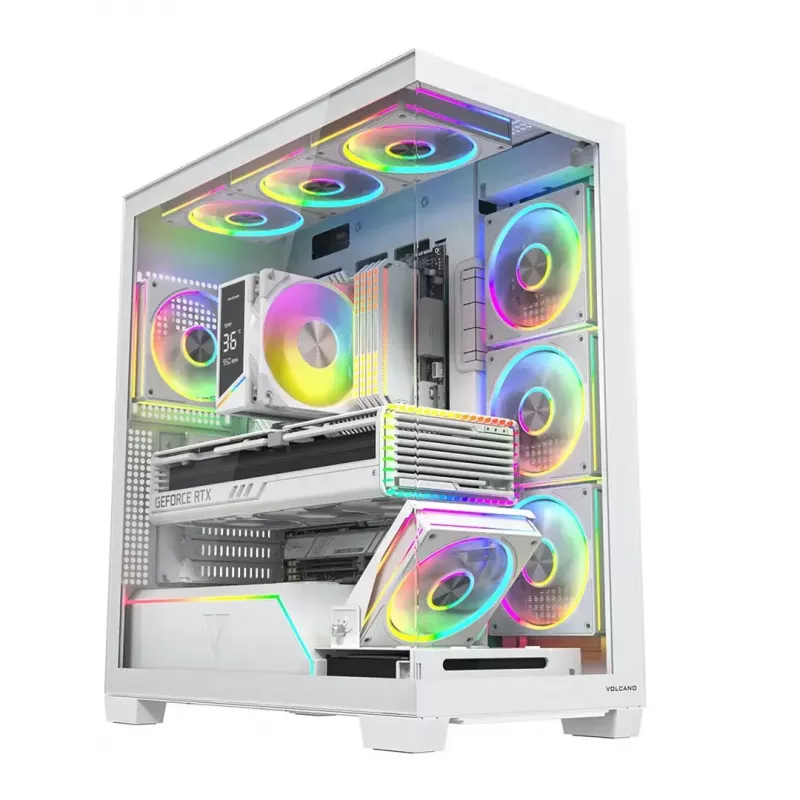 Caixa de PC MODECOM VOLCANO STELLAR PLUS ARGB MIDI 8F BRANCO — Mid-Tower, ATX, vidro temperado, iluminação ARGB, 8 ventoinhas, GPU até 42 cm