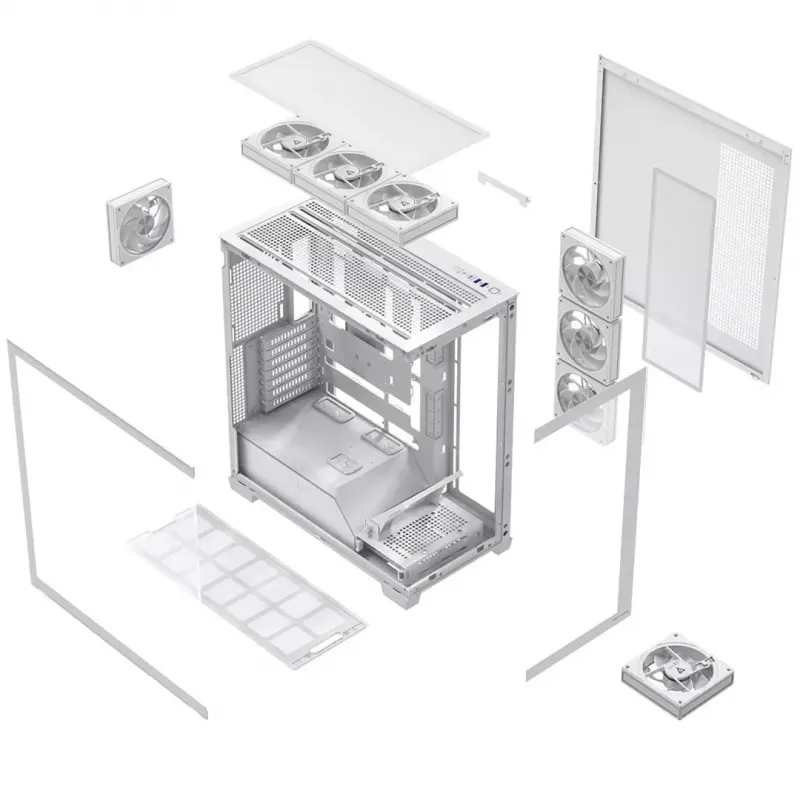 Caixa de PC MODECOM VOLCANO STELLAR PLUS ARGB MIDI 8F BRANCO — Mid-Tower, ATX, vidro temperado, iluminação ARGB, 8 ventoinhas, GPU até 42 cm