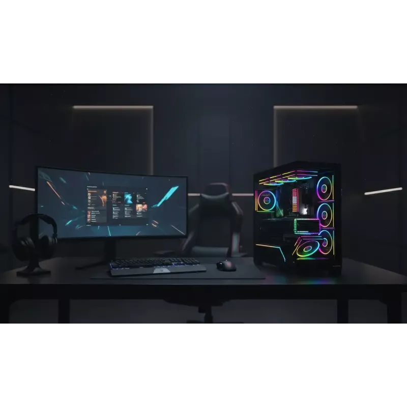 Caixa PC Mid-Tower MODECOM VOLCANO STELLAR PLUS ARGB MIDI, 5 ventoinhas frontais, vidro temperado, USB-C