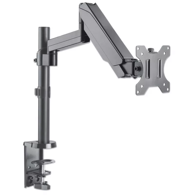 Suporte de mesa Manhattan para TV e monitores (Full-Motion com mola a gás), para ecrãs de 13 polegadas a 27 polegadas, montagem por aperto ou por tubo, compatibilidade VESA: 75x75 mm e 100x100 mm – verifique as dimensões dos quatro orifícios de fixação na parte traseira do ecrã para garantir que encaixam, máx. 8 kg, suporte