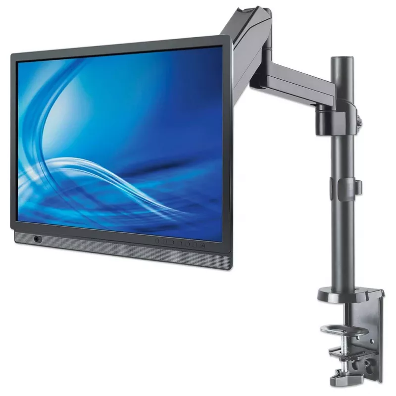 Suporte de mesa Manhattan para TV e monitores (Full-Motion com mola a gás), para ecrãs de 13 polegadas a 27 polegadas, montagem por aperto ou por tubo, compatibilidade VESA: 75x75 mm e 100x100 mm – verifique as dimensões dos quatro orifícios de fixação na parte traseira do ecrã para garantir que encaixam, máx. 8 kg, suporte