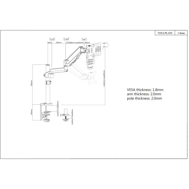 Suporte de mesa Manhattan para TV e monitores (Full-Motion com mola a gás), para ecrãs de 13 polegadas a 27 polegadas, montagem por aperto ou por tubo, compatibilidade VESA: 75x75 mm e 100x100 mm – verifique as dimensões dos quatro orifícios de fixação na parte traseira do ecrã para garantir que encaixam, máx. 8 kg, suporte