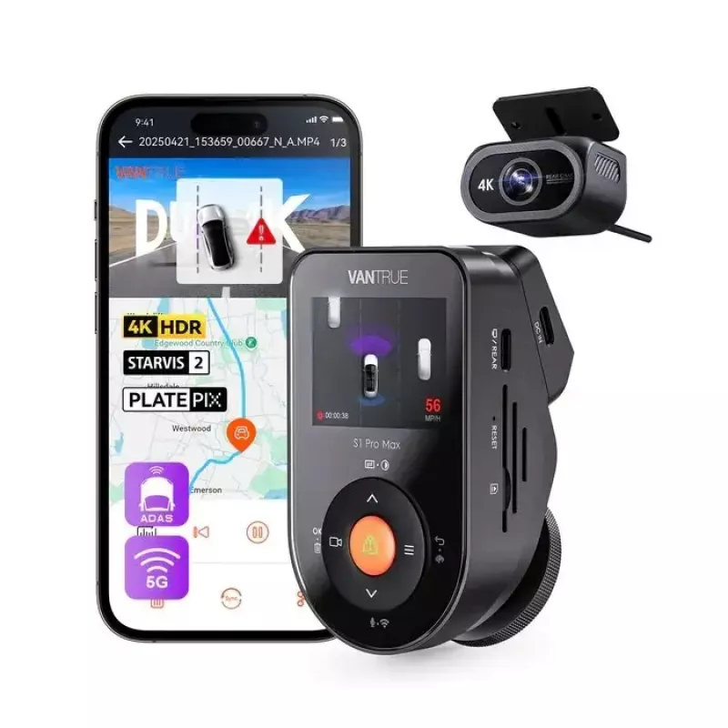 Dashcam para automóvel VANTRUE S1PRO MAX — gravador compacto de 2 canais, 3840×2160 F/1.8, objetiva principal 155°, Wi‑Fi, GPS, ecrã 2 polegadas, modo de estacionamento, microSD até 1 TB