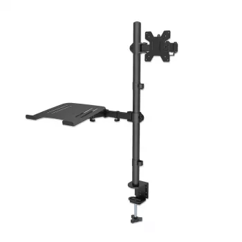 Suporte de secretária Manhattan para combinação de monitor e portátil (Full-Motion), para ecrãs: 10-27 polegadas, portátil até 17 polegadas, montagem por aperto, compatibilidade VESA: 75x75 e 100x100 mm – verifique as dimensões dos quatro orifícios de fixação na parte traseira do ecrã para garantir que encaixam, máx. 8 kg, suporte
