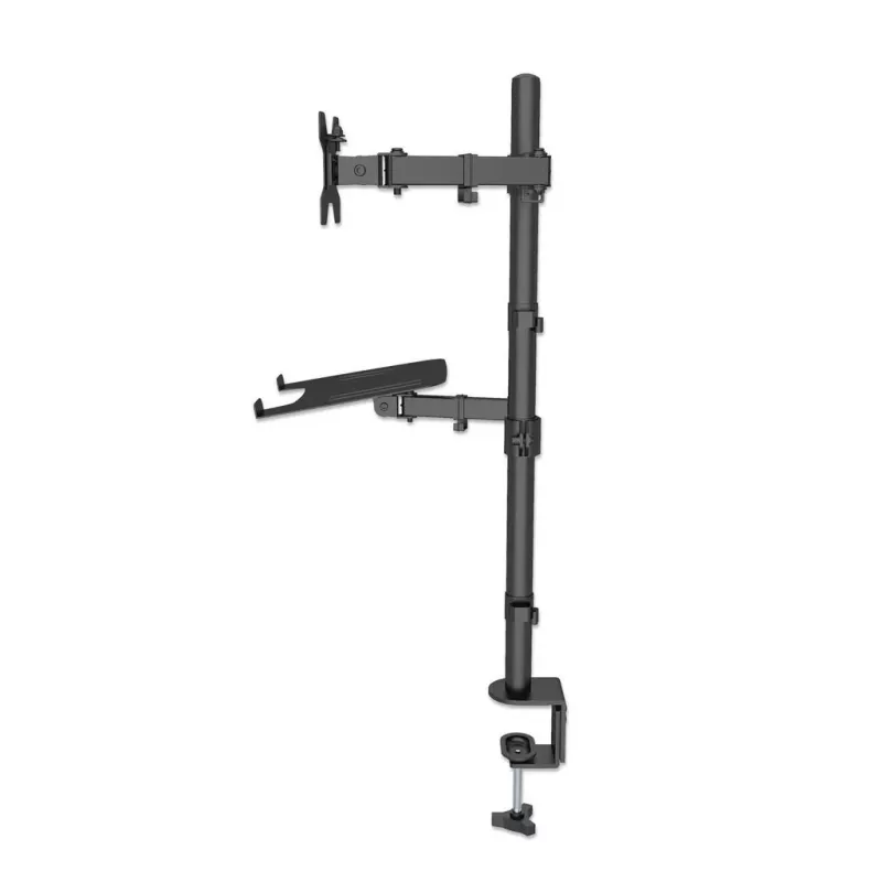 Suporte de secretária Manhattan para combinação de monitor e portátil (Full-Motion), para ecrãs: 10-27 polegadas, portátil até 17 polegadas, montagem por aperto, compatibilidade VESA: 75x75 e 100x100 mm – verifique as dimensões dos quatro orifícios de fixação na parte traseira do ecrã para garantir que encaixam, máx. 8 kg, suporte
