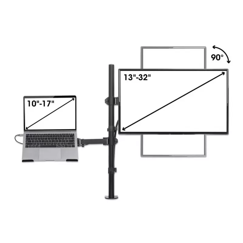 Suporte de secretária Manhattan para combinação de monitor e portátil (Full-Motion), para ecrãs: 10-27 polegadas, portátil até 17 polegadas, montagem por aperto, compatibilidade VESA: 75x75 e 100x100 mm – verifique as dimensões dos quatro orifícios de fixação na parte traseira do ecrã para garantir que encaixam, máx. 8 kg, suporte