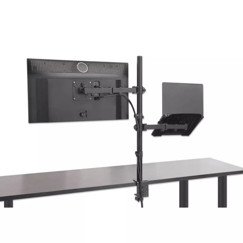 Suporte de secretária Manhattan para combinação de monitor e portátil (Full-Motion), para ecrãs: 10-27 polegadas, portátil até 17 polegadas, montagem por aperto, compatibilidade VESA: 75x75 e 100x100 mm – verifique as dimensões dos quatro orifícios de fixação na parte traseira do ecrã para garantir que encaixam, máx. 8 kg, suporte