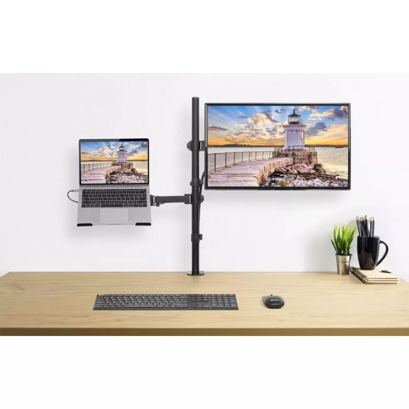 Suporte de secretária Manhattan para combinação de monitor e portátil (Full-Motion), para ecrãs: 10-27 polegadas, portátil até 17 polegadas, montagem por aperto, compatibilidade VESA: 75x75 e 100x100 mm – verifique as dimensões dos quatro orifícios de fixação na parte traseira do ecrã para garantir que encaixam, máx. 8 kg, suporte