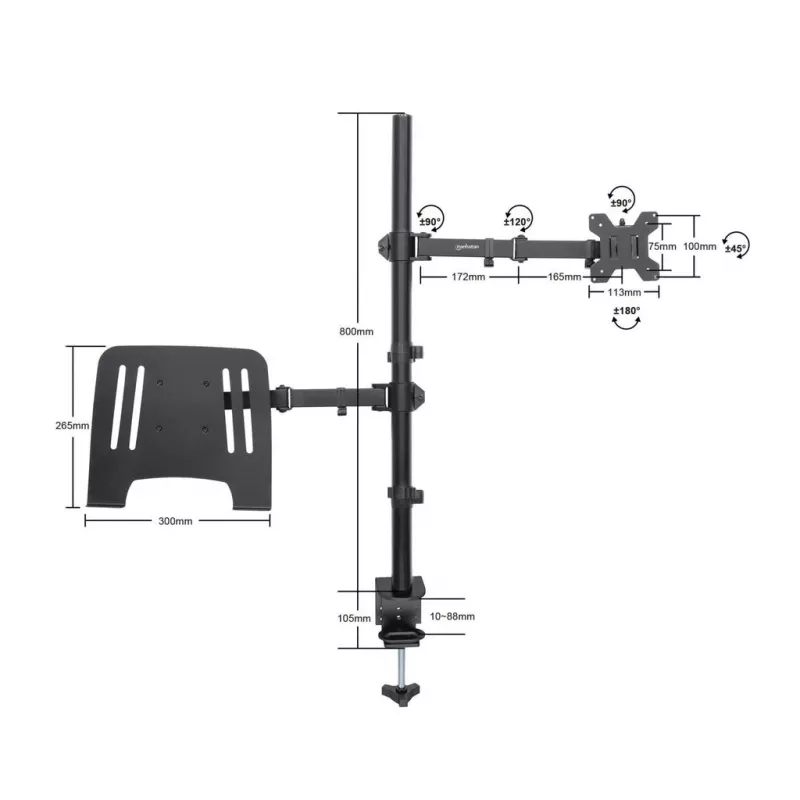 Suporte de secretária Manhattan para combinação de monitor e portátil (Full-Motion), para ecrãs: 10-27 polegadas, portátil até 17 polegadas, montagem por aperto, compatibilidade VESA: 75x75 e 100x100 mm – verifique as dimensões dos quatro orifícios de fixação na parte traseira do ecrã para garantir que encaixam, máx. 8 kg, suporte