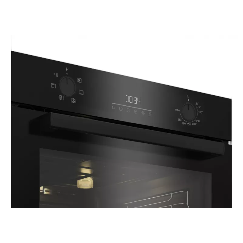 Forno elétrico de encastrar BEKO BBIE123001BD — 72 L, 2400 W, visor LED, botões rotativos retráteis, autolimpeza a vapor, preto