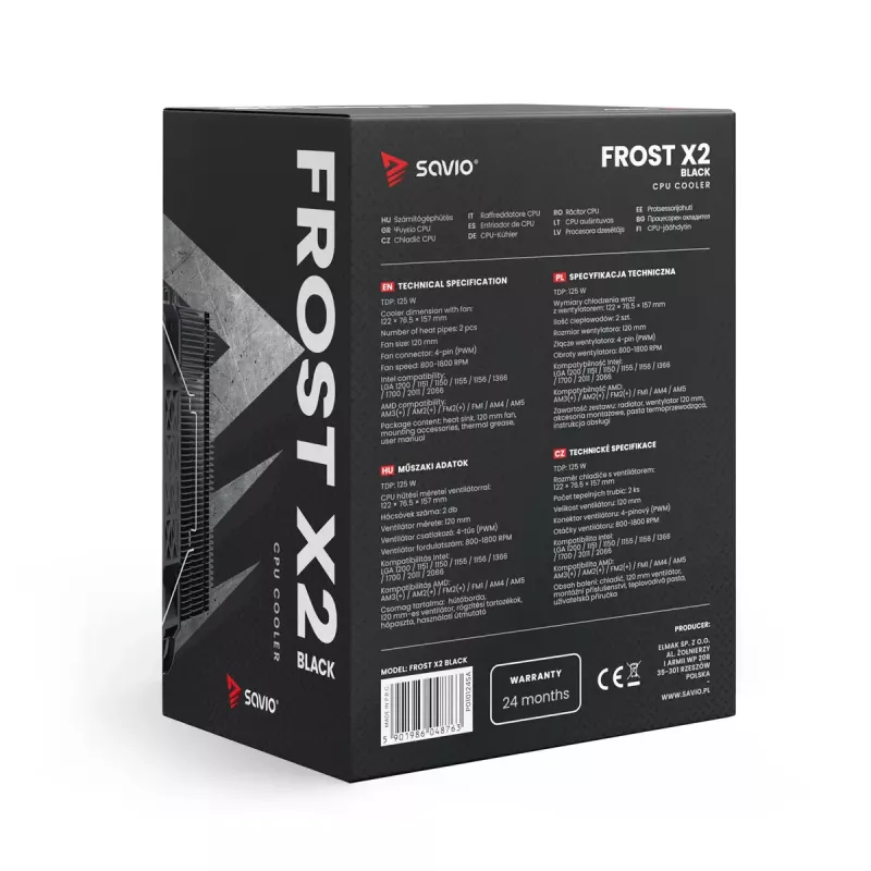 Dissipador/radiador SAVIO SAVGCOFROSTBLACKX2 ventoinha de 120 mm, compatível com LGA 1156/1155/1150/1151/1200/1366/1700, preto
