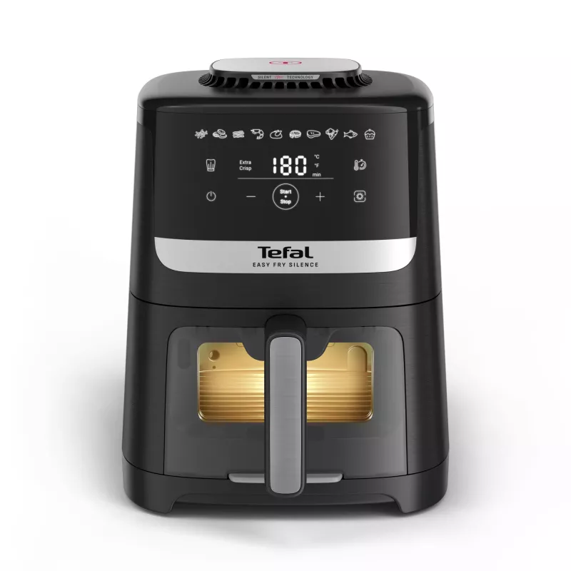 Fritadeira Tefal Easy Fry Silence EY5568E0, fritadeira de ar quente de bancada 5 L, preto, aço inoxidável