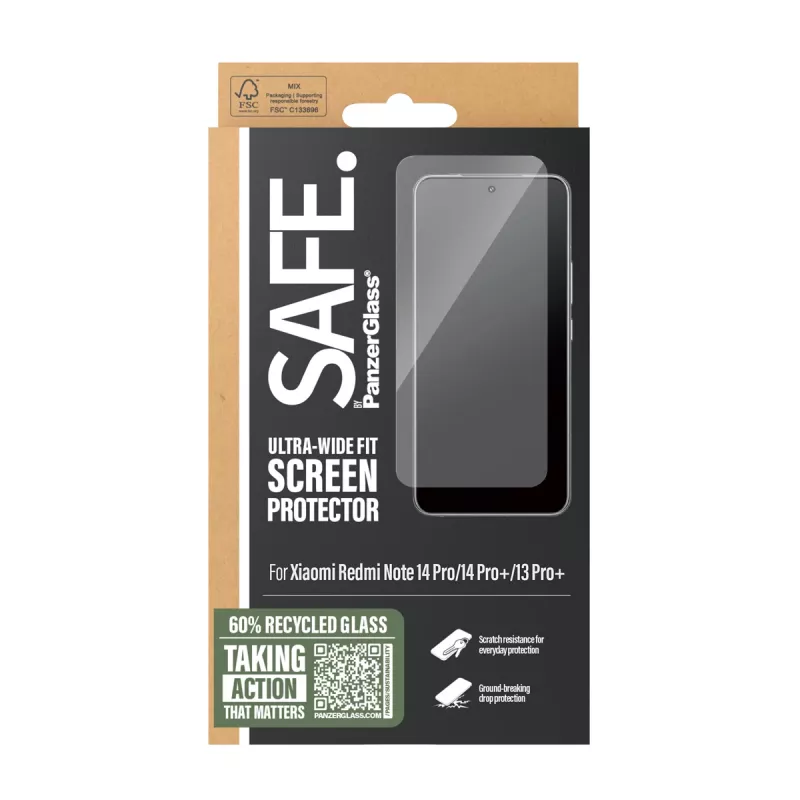 Proteção de ecrã PanzerGlass SAFE. by para Xiaomi Redmi Note 14 Pro / 14 Pro+ / 13 Pro+ — vidro temperado, transparente, Ultra-Wide Fit