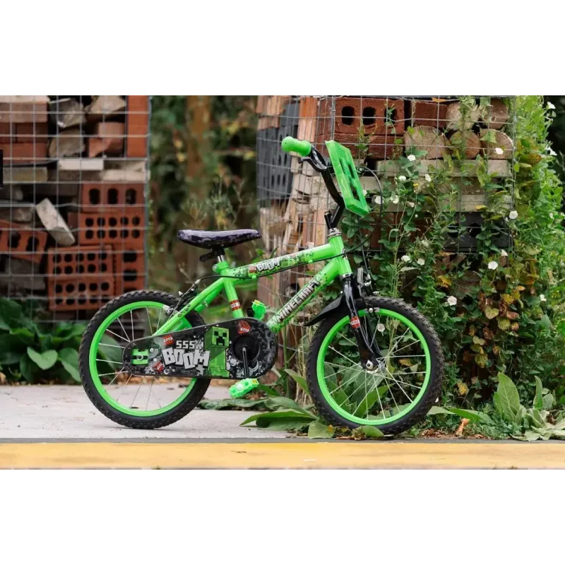 Bicicleta infantil HUFFY Minecraft 16 polegadas verde — quadro de aço de 16 polegadas, transmissão de velocidade única, travões de aro dianteiro/traseiro