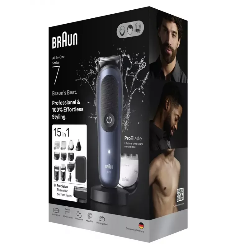 Máquina de barbear BRAUN All-in-One AIO7580 – sem fios recarregável, barbear a seco e molhado, 120 min. de autonomia, 21 definições de comprimento, corpo inteiro