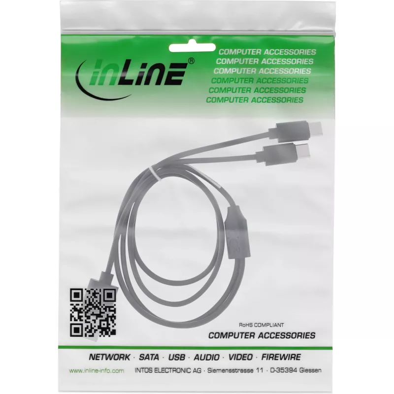 Cabo de carregamento em Y USB 2em1 InLine, 1x conector macho USB-A para 2x conector macho USB-C, preto 0,5m