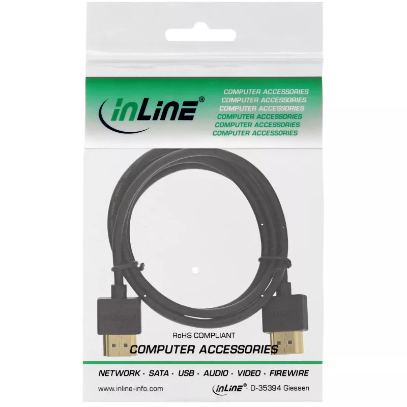 Cabo HDMI High Speed com Ethernet InLine, AM/AM, extraplano, preto/dourado, 0,5 m