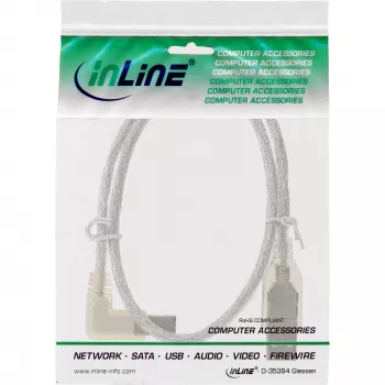 Cabo USB 2.0 InLine ficha Type-A inclinada à esquerda / ficha B transparente 0,5 m