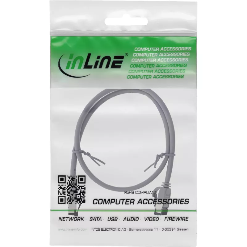 Cabo de patch InLine Cat.8.1 U/FTP fino, TPE sem halogéneos, RJ-45–RJ-45, 0,25 m, cinzento