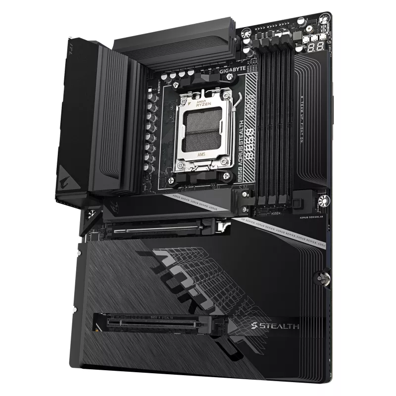 Placa-mãe GIGABYTE B850 AORUS STEALTH — ATX, Socket AM5, AMD B850, DDR5 até 8200 MHz (OC), 14+2+2 VRM, 2xPCIe5.0, 2xPCIe4.0 M.2, Wi‑Fi 7, 5GbE