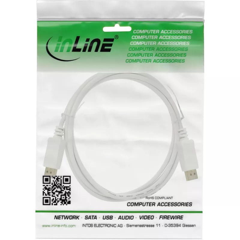 Cabo DisplayPort InLine 17211W, DisplayPort–DisplayPort, 1,5 m, branco, 7 mm de diâmetro