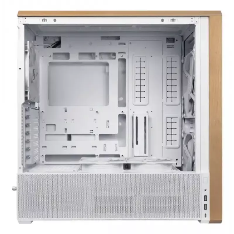 Caixa de PC Lian Li Lancool 217 Midi Tower — Branco e madeira, suporta ATX/EATX/Micro-ITX, 2x170 mm à frente, 1x140 mm atrás, 1×3,5 inch + 8×2,5 inch
