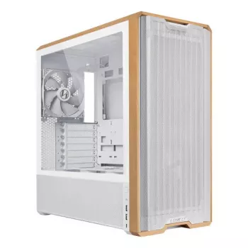 Caixa de PC Lian Li Lancool 217 Midi Tower — Branco e madeira, suporta ATX/EATX/Micro-ITX, 2x120 mm à frente, 1x140 mm atrás, 1×3,5