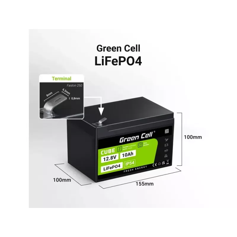 Bateria industrial recarregável Green Cell LFPGC12V10AH 12,8 V 10 Ah LiFePO4, 155 x 100 x 100 mm, 2 kg